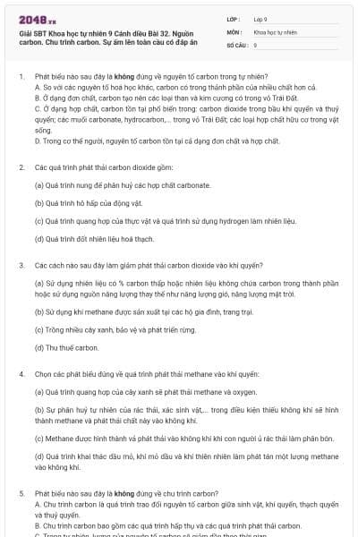 Giải SBT Khoa học tự nhiên 9 Cánh diều Bài 32. Nguồn carbon. Chu trình carbon. Sự ấm lên toàn cầu có đáp án