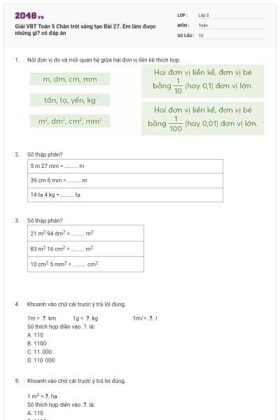 Giải VBT Toán 5 Chân trời sáng tạo Bài 27. Em làm được những gì? có đáp án
