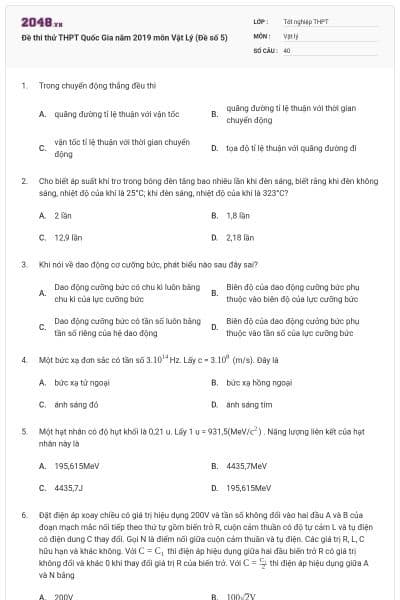 Đề thi thử THPT Quốc Gia năm 2019 môn Vật Lý (Đề số 5)
