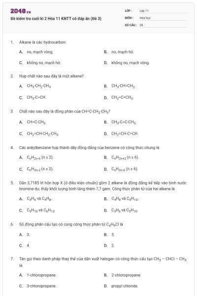 Đề kiểm tra cuối kì 2 Hóa 11 KNTT có đáp án (Đề 3)
