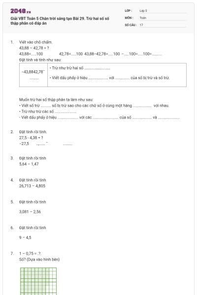 Giải VBT Toán 5 Chân trời sáng tạo Bài 29. Trừ hai số số thập phân có đáp án