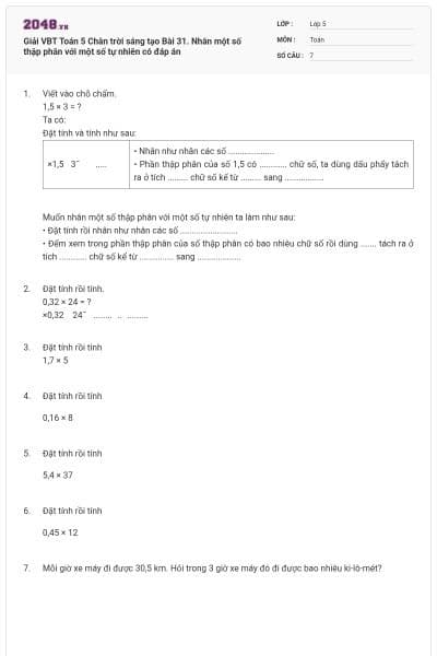 Giải VBT Toán 5 Chân trời sáng tạo Bài 31. Nhân một số thập phân với một số tự nhiên có đáp án