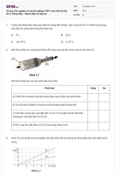 20 câu trắc nghiệm ôn thi tốt nghiệp THPT môn Vật Lý Chủ đề 5: Dòng điện - Mạch điện có đáp án