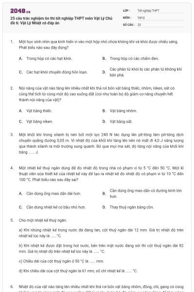 25 câu trắc nghiệm ôn thi tốt nghiệp THPT môn Vật Lý Chủ đề 6: Vật Lý Nhiệt có đáp án
