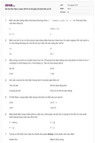Đề thi thử Vật Lí năm 2019 có lời giải chi tiết (Đề số 4)