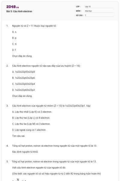 Bài 5: Cấu hình electron