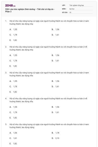 550+ câu trắc nghiệm Dinh dưỡng – Tiết chế có đáp án - Phần 3