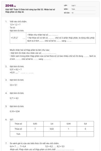 Giải VBT Toán 5 Chân trời sáng tạo Bài 32. Nhân hai số thập phân có đáp án
