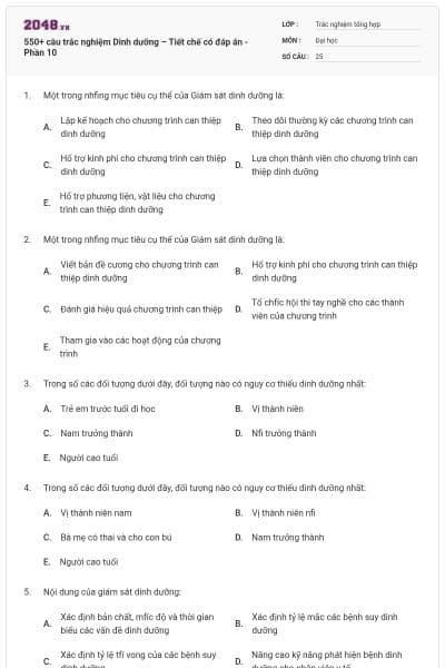 550+ câu trắc nghiệm Dinh dưỡng – Tiết chế có đáp án - Phần 10