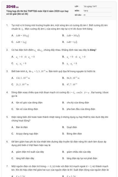 Tổng hợp đề thi thử THPTQG môn Vật lí năm 2020 cực hay có lời giải (Đề số 26)
