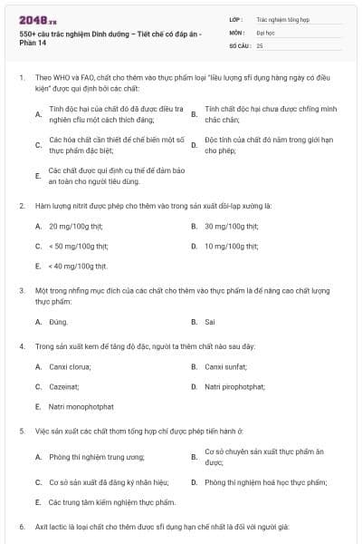 550+ câu trắc nghiệm Dinh dưỡng – Tiết chế có đáp án - Phần 14