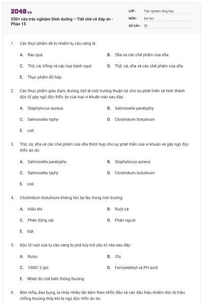 550+ câu trắc nghiệm Dinh dưỡng – Tiết chế có đáp án - Phần 15