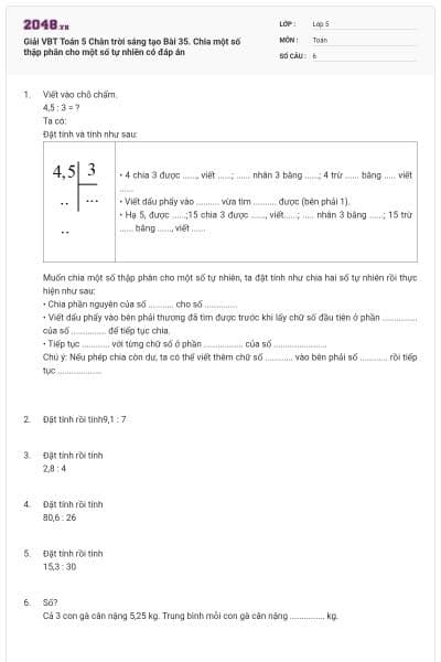 Giải VBT Toán 5 Chân trời sáng tạo Bài 35. Chia một số thập phân cho một số tự nhiên có đáp án