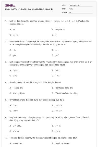 Đề thi thử Vật Lí năm 2019 có lời giải chi tiết (Đề số 4)