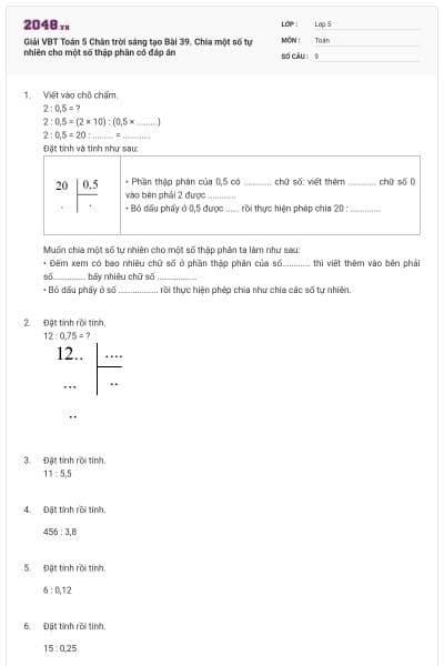 Giải VBT Toán 5 Chân trời sáng tạo Bài 39. Chia một số tự nhiên cho một số thập phân có đáp án