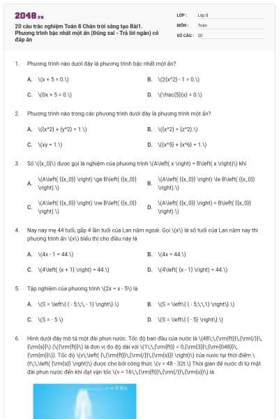 20 câu trắc nghiệm Toán 8 Chân trời sáng tạo Bài1. Phương trình bậc nhất một ẩn (Đúng sai - Trả lời ngắn) có đáp án