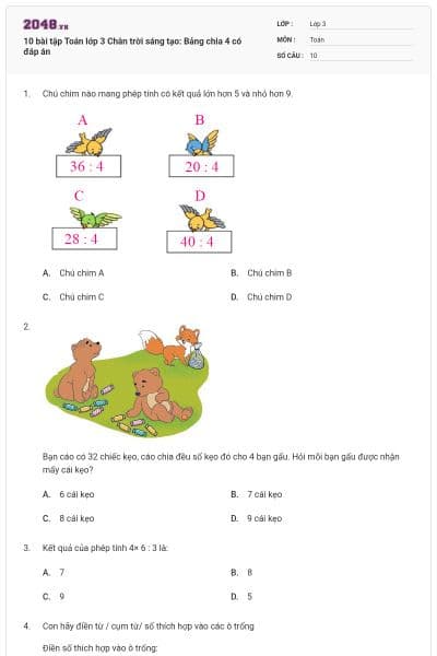 10 bài tập Toán lớp 3 Chân trời sáng tạo: Bảng chia 4 có đáp án