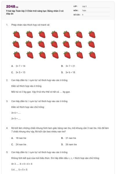9 bài tập Toán lớp 3 Chân trời sáng tạo: Bảng nhân 3 có đáp án
