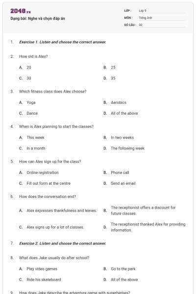 Dạng bài: Nghe và chọn đáp án