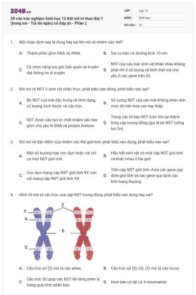 58 câu trắc nghiệm Sinh học 12 Kết nối tri thức Bài 7 (Đúng sai - Trả lời ngắn) có đáp án - Phần 2