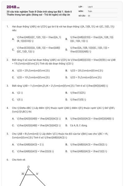 20 câu trắc nghiệm Toán 8 Chân trời sáng tạo Bài 1. Định lí Thalès trong tam giác (Đúng sai - Trả lời ngắn) có đáp án