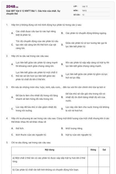 Giải SBT Vật lí 12 KNTT Bài 1. Cấu trúc của chất. Sự chuyển thể