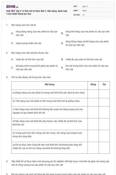 Giải SBT Vật lí 12 Kết nối tri thức Bài 2. Nội năng. Định luật I của nhiệt động lực học