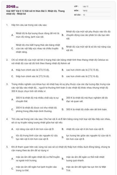 Giải SBT Vật lí 12 Kết nối tri thức Bài 3. Nhiệt độ. Thang nhiệt độ - Nhiệt kế