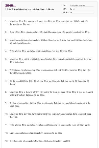 25 câu Trắc nghiệm tổng hợp Luật Lao động có đáp án