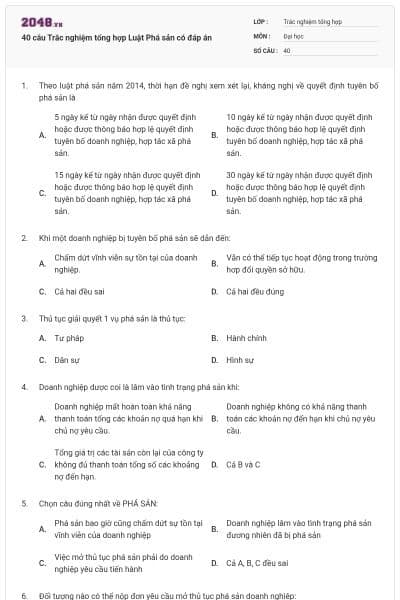 40 câu Trắc nghiệm tổng hợp Luật Phá sản có đáp án