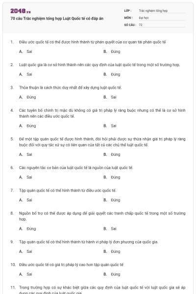 70 câu Trắc nghiệm tổng hợp Luật Quốc tế có đáp án