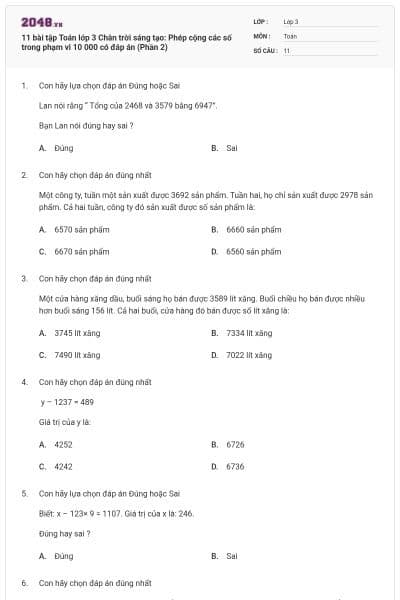 11 bài tập Toán lớp 3 Chân trời sáng tạo: Phép cộng các số trong phạm vi 10 000 có đáp án (Phần 2)