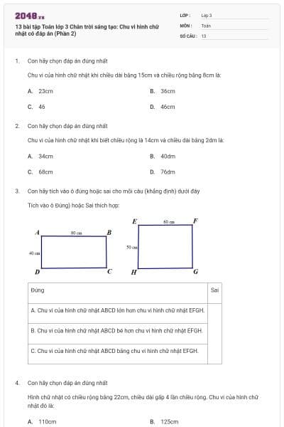 13 bài tập Toán lớp 3 Chân trời sáng tạo: Chu vi hình chữ nhật có đáp án (Phần 2)