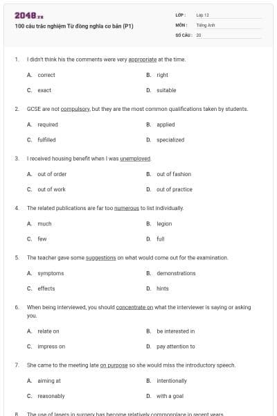 100 câu trắc nghiệm Từ đồng nghĩa cơ bản (P1)