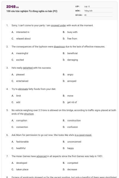 100 câu trắc nghiệm Từ đồng nghĩa cơ bản (P2)