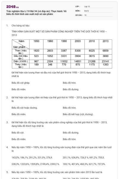 Trắc nghiệm Địa Lí 10 Bài 34 (có đáp án): Thực hành: Vẽ biểu đồ tình hình sản xuất một số sản phẩm