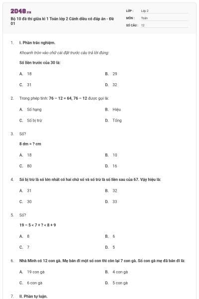 Bộ 10 đề thi giữa kì 1 Toán lớp 2 Cánh diều có đáp án - Đề 01