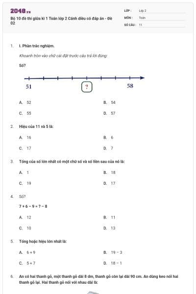 Bộ 10 đề thi giữa kì 1 Toán lớp 2 Cánh diều có đáp án - Đề 02