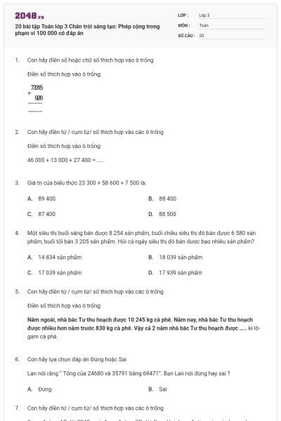 20 bài tập Toán lớp 3 Chân trời sáng tạo: Phép cộng trong phạm vi 100 000 có đáp án