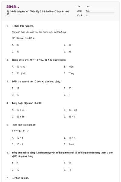 Bộ 10 đề thi giữa kì 1 Toán lớp 2 Cánh diều có đáp án - Đề 03