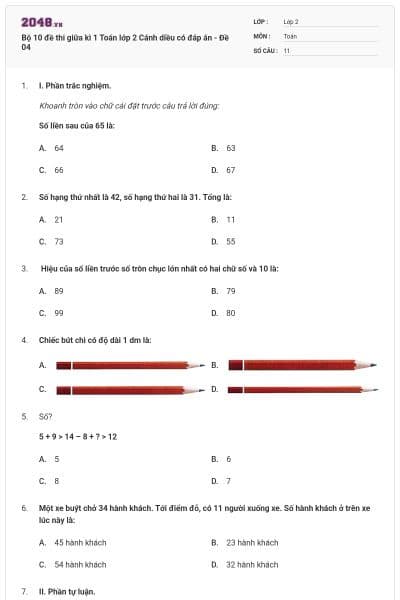 Bộ 10 đề thi giữa kì 1 Toán lớp 2 Cánh diều có đáp án - Đề 04