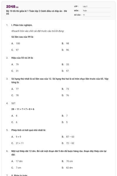 Bộ 10 đề thi giữa kì 1 Toán lớp 2 Cánh diều có đáp án - Đề 05