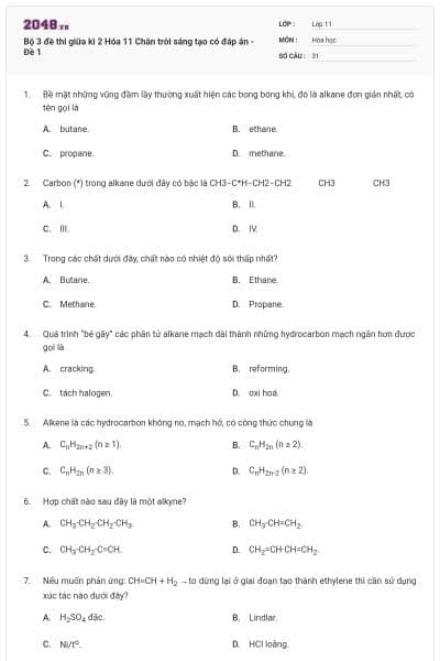 Bộ 3 đề thi giữa kì 2 Hóa 11 Chân trời sáng tạo có đáp án - Đề 1