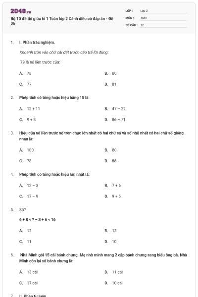 Bộ 10 đề thi giữa kì 1 Toán lớp 2 Cánh diều có đáp án - Đề 06