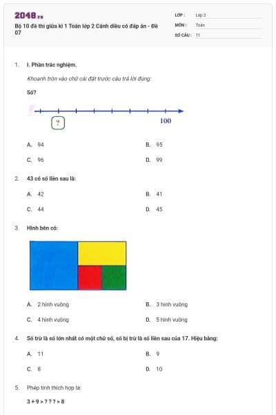 Bộ 10 đề thi giữa kì 1 Toán lớp 2 Cánh diều có đáp án - Đề 07