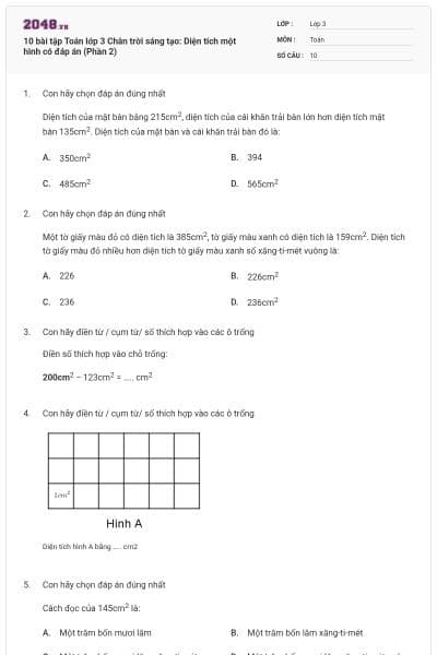 10 bài tập Toán lớp 3 Chân trời sáng tạo: Diện tích một hình có đáp án (Phần 2)