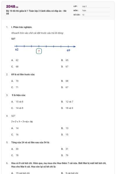 Bộ 10 đề thi giữa kì 1 Toán lớp 2 Cánh diều có đáp án - Đề 08