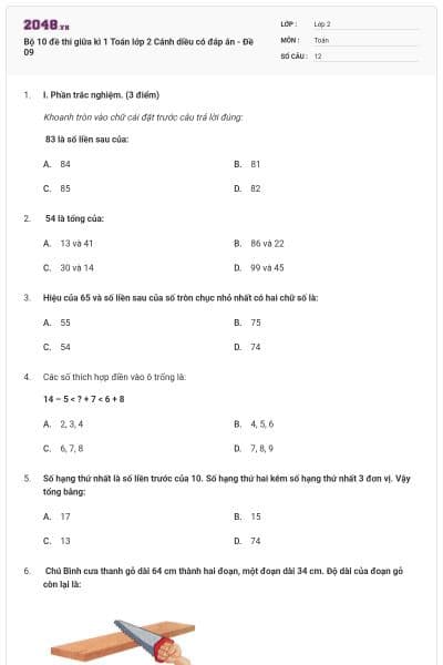 Bộ 10 đề thi giữa kì 1 Toán lớp 2 Cánh diều có đáp án - Đề 09