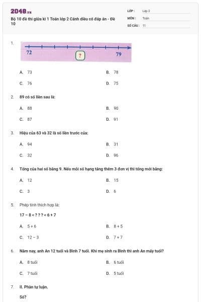 Bộ 10 đề thi giữa kì 1 Toán lớp 2 Cánh diều có đáp án - Đề 10