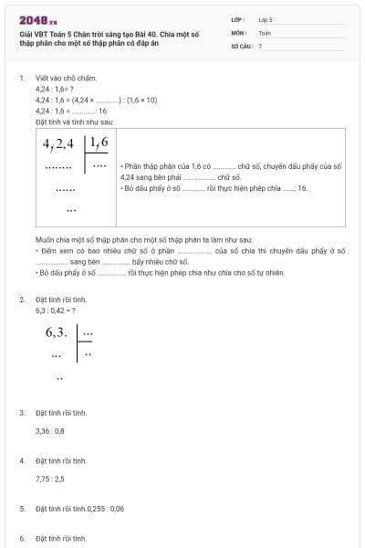 Giải VBT Toán 5 Chân trời sáng tạo Bài 40. Chia một số thập phân cho một số thập phân có đáp án
